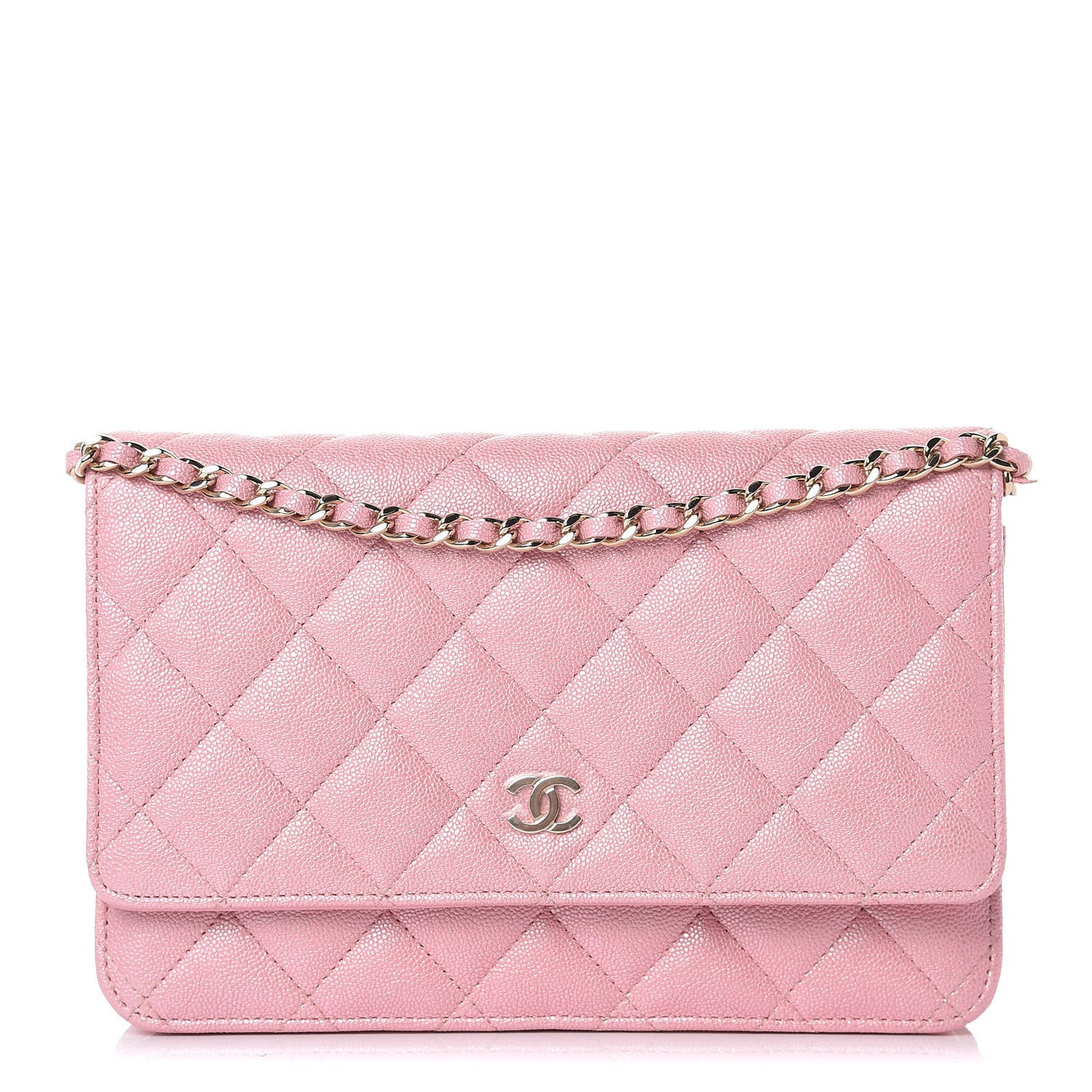 Iridescent Caviar Quilted Wallet on Chain WOC Rose Pink