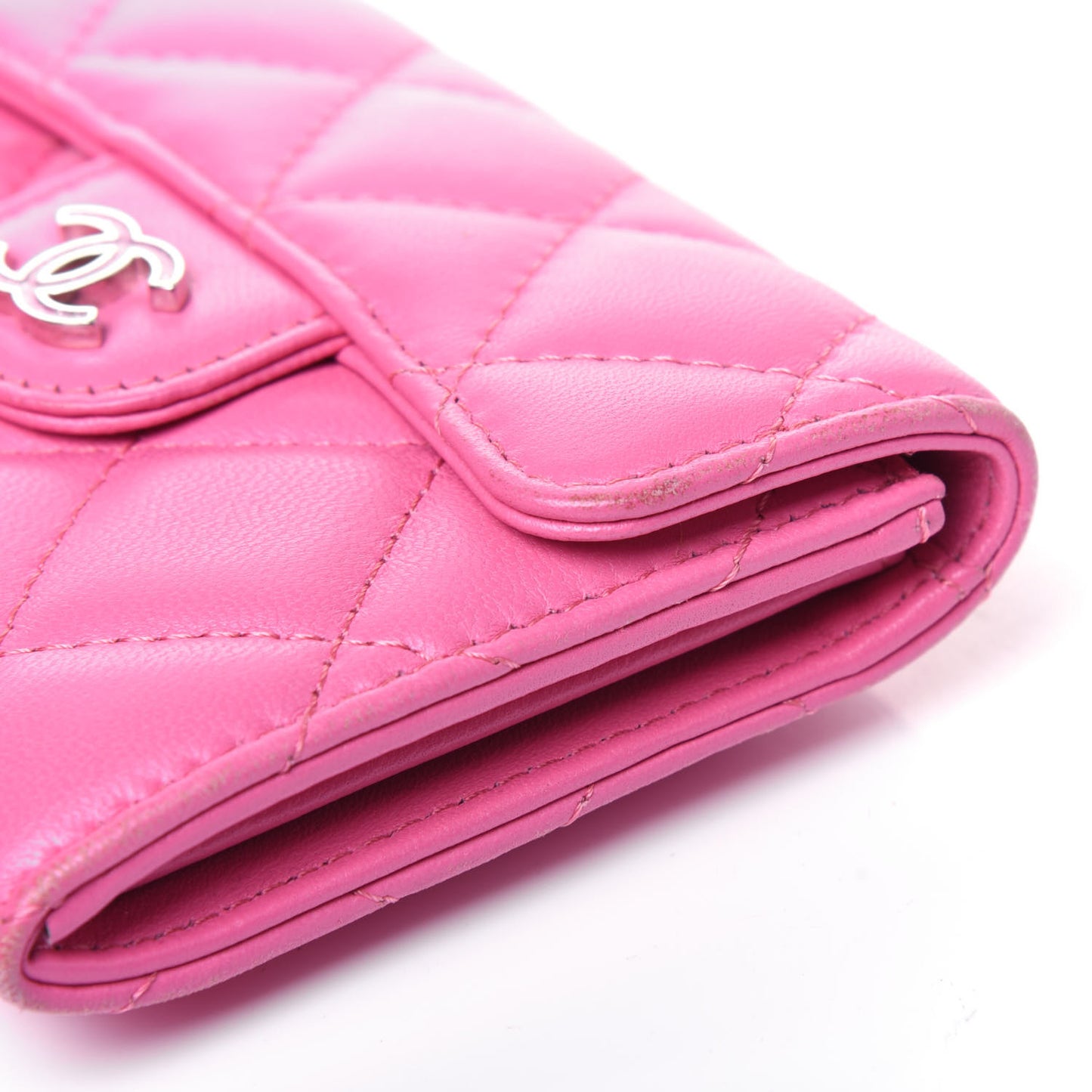 Lambskin Quilted Flap Card Holder Wallet Pink