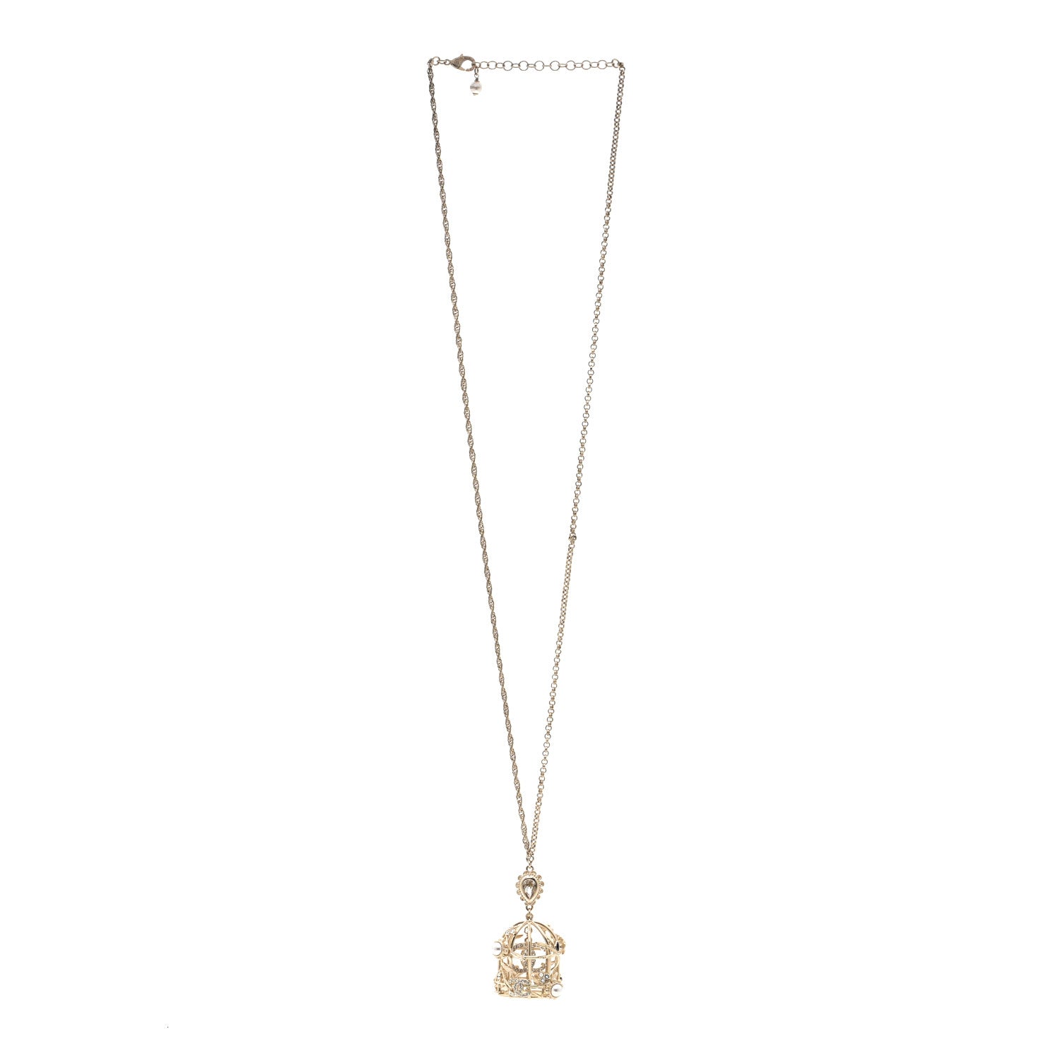 Chanel Metal Crystal Logo Bird Cage Necklace Gold 3 of 5