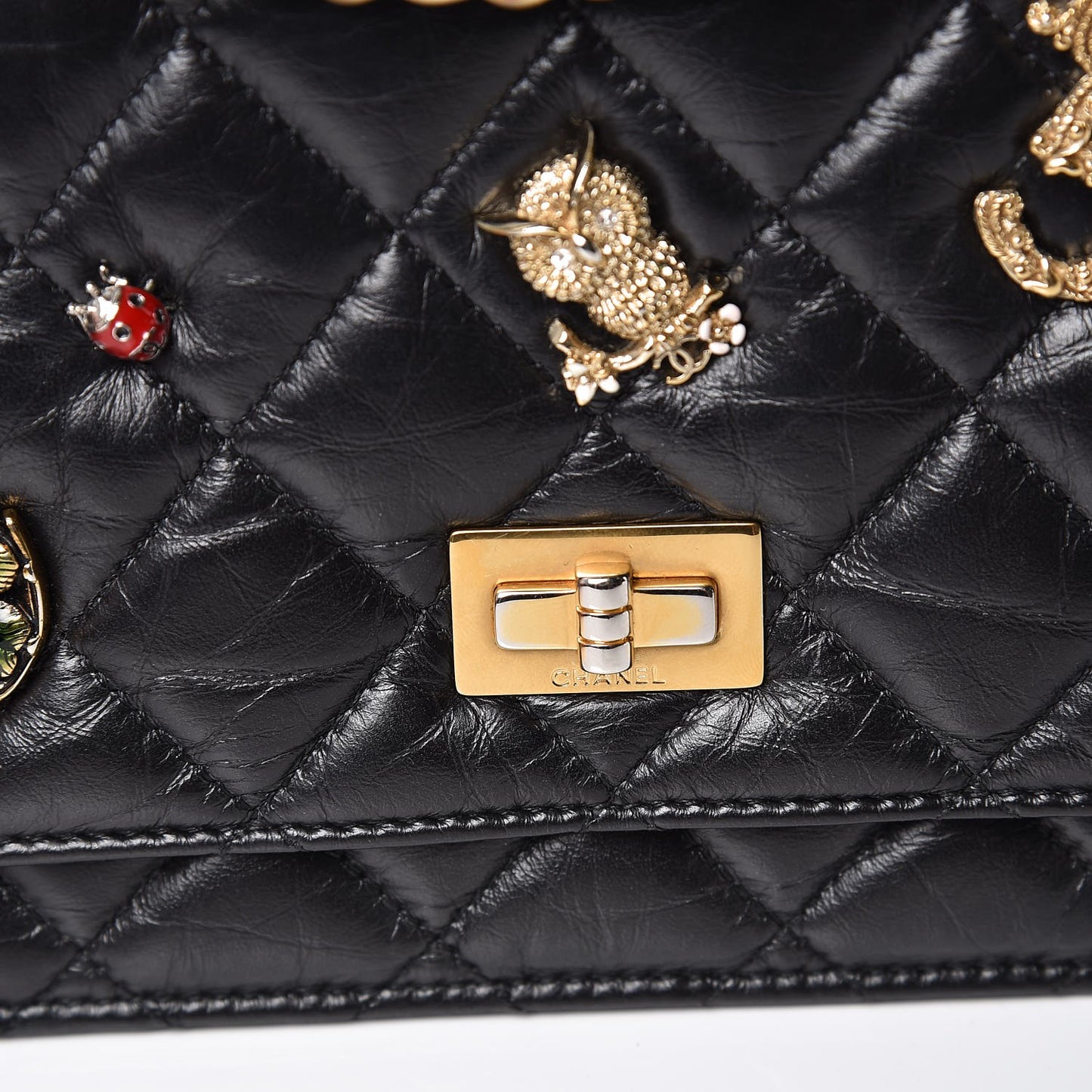 Aged Calfskin Quilted Lucky Charms 2.55 Reissue Wallet On Chain WOC Black