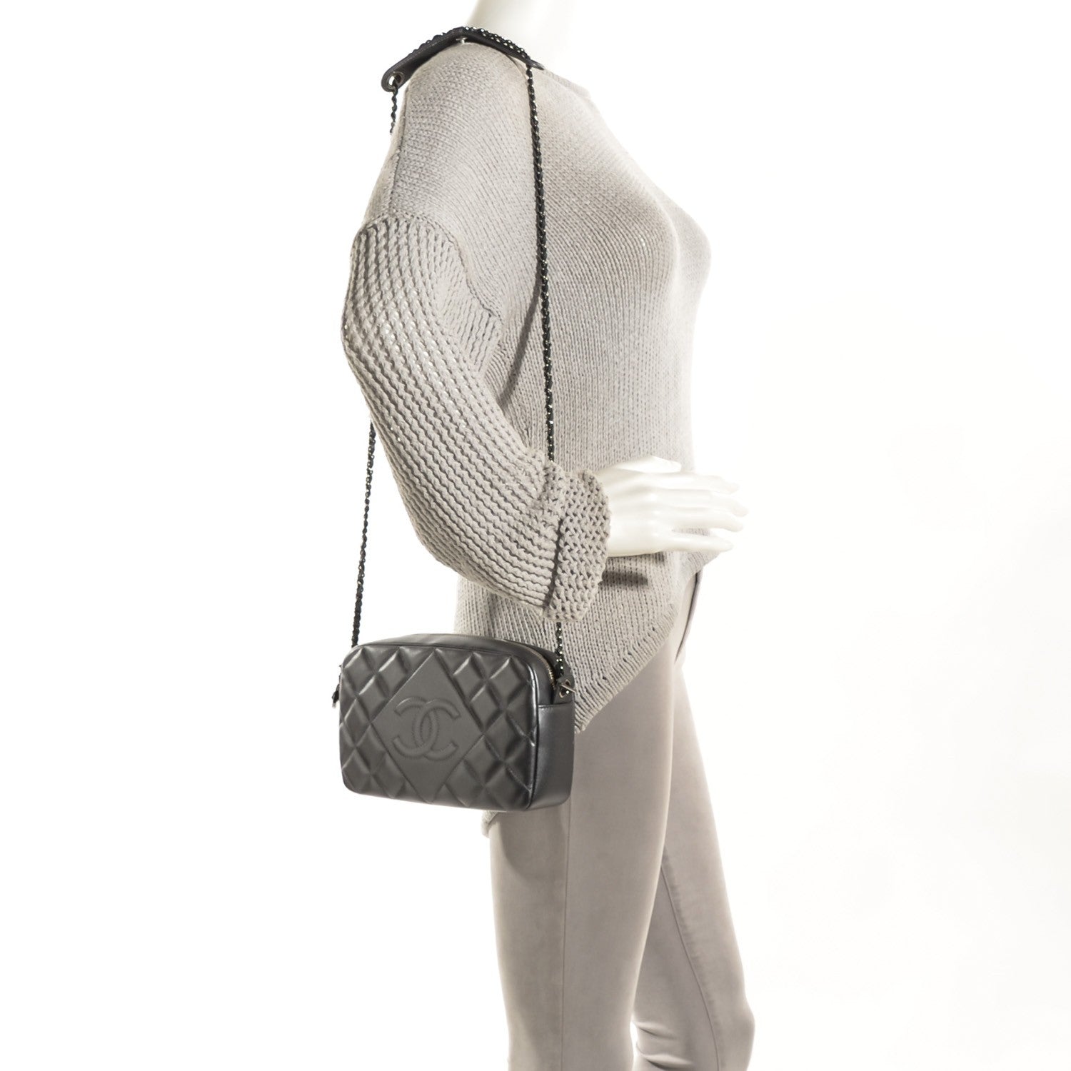 Chanel Metallic Lambskin Quilted Small Diamond CC Camera Case Dark Silver 2 of 7