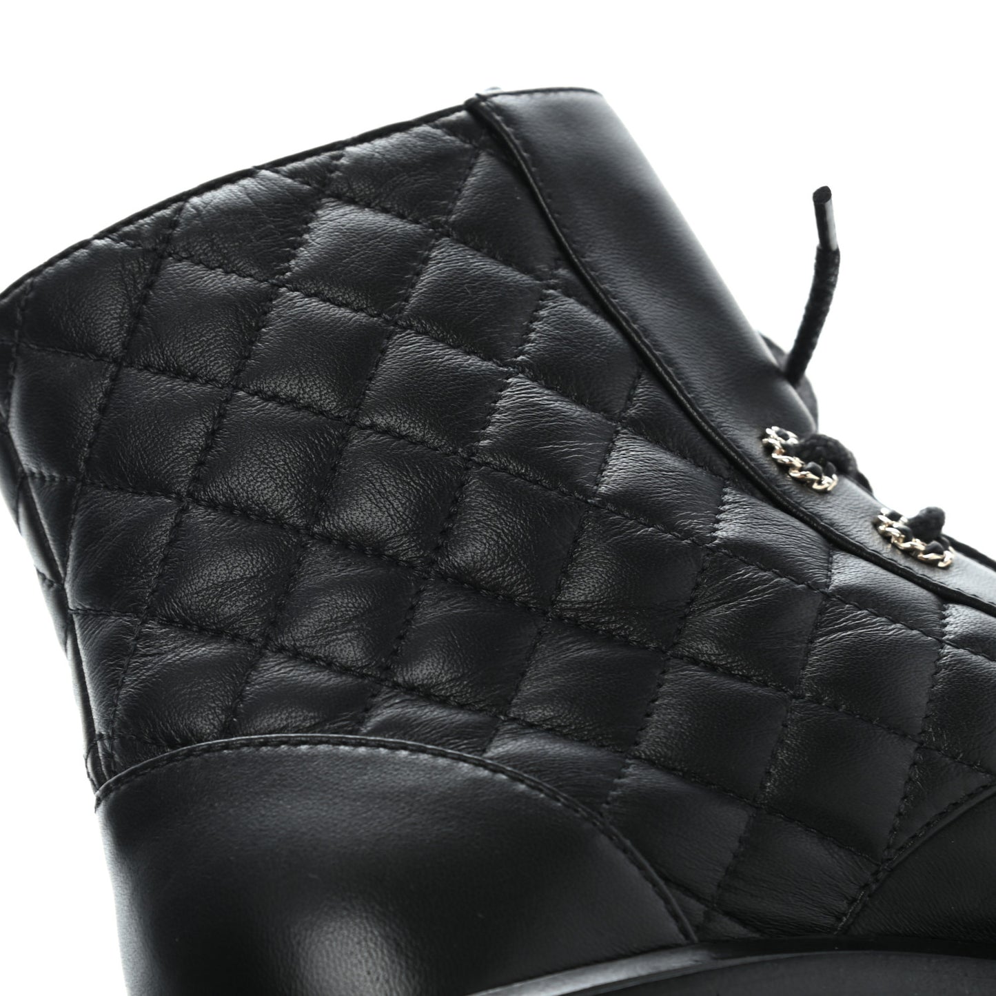 Shiny Lambskin Quilted Lace Up Combat Boots 38 Black