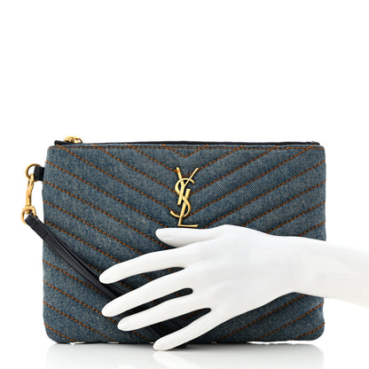 Saint Laurent Denim Matelasse Chevron Monogram A5 Wristlet Blue 2 of 9