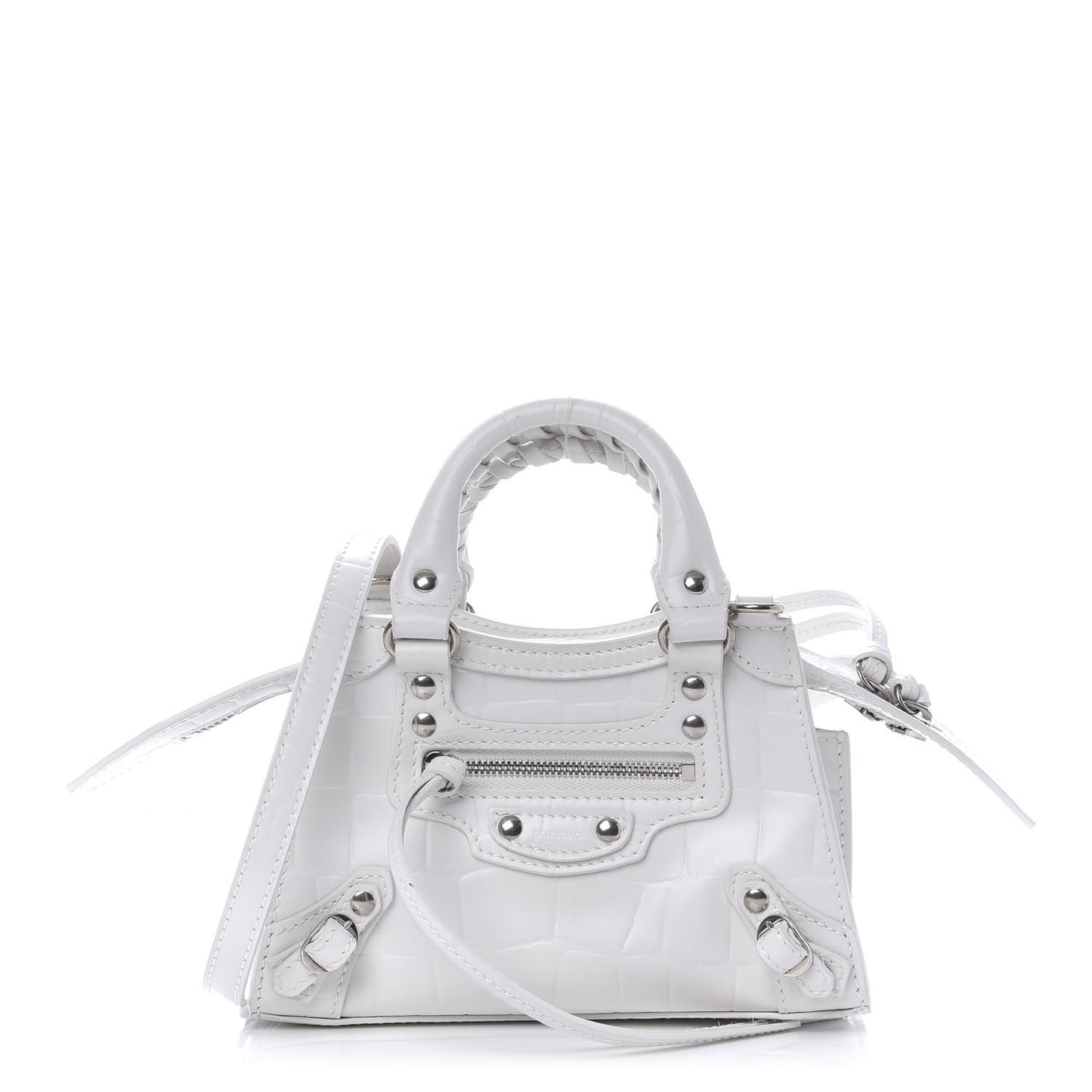 Semi Shiny Calfskin Crocodile Embossed Neo Classic Silver Hardware Mini City White
