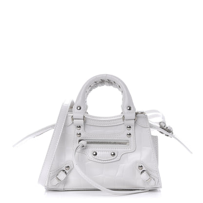 Balenciaga Semi Shiny Calfskin Crocodile Embossed Neo Classic Silver Hardware Mini City White 1 of 9