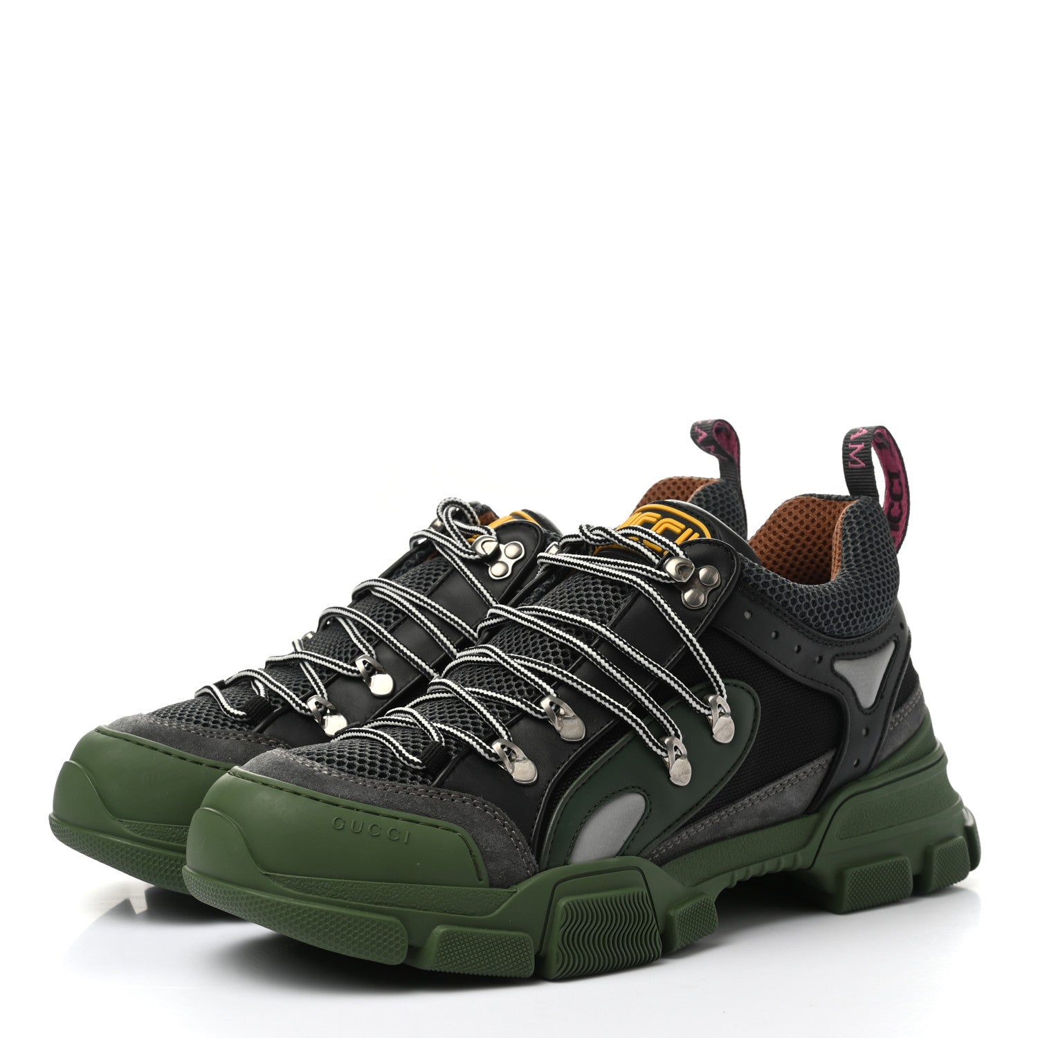 Gucci X SEGA Mesh Suede Calfskin Mens Flashtrek Sneakers 8 Loess Black Olive Green 2 of 8