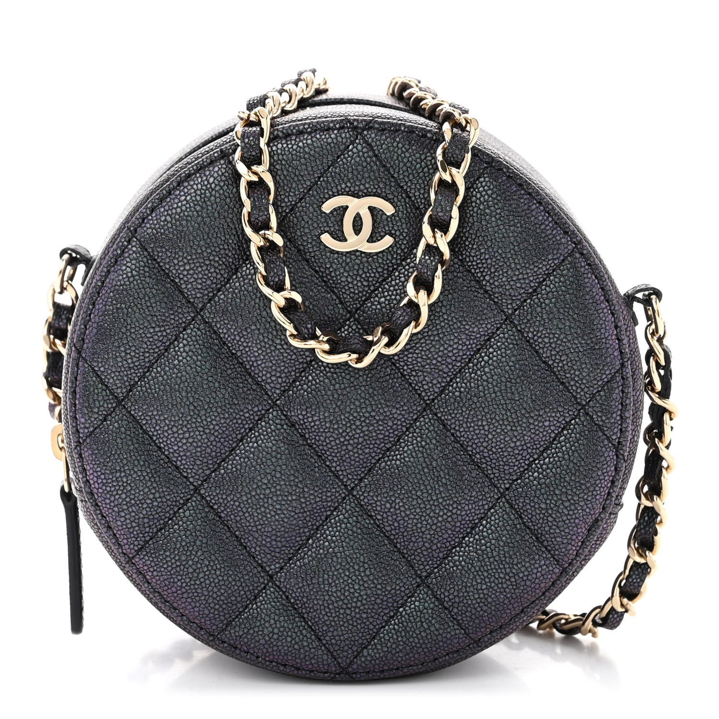 Iridescent Caviar Quilted Round Clutch With Chain Black