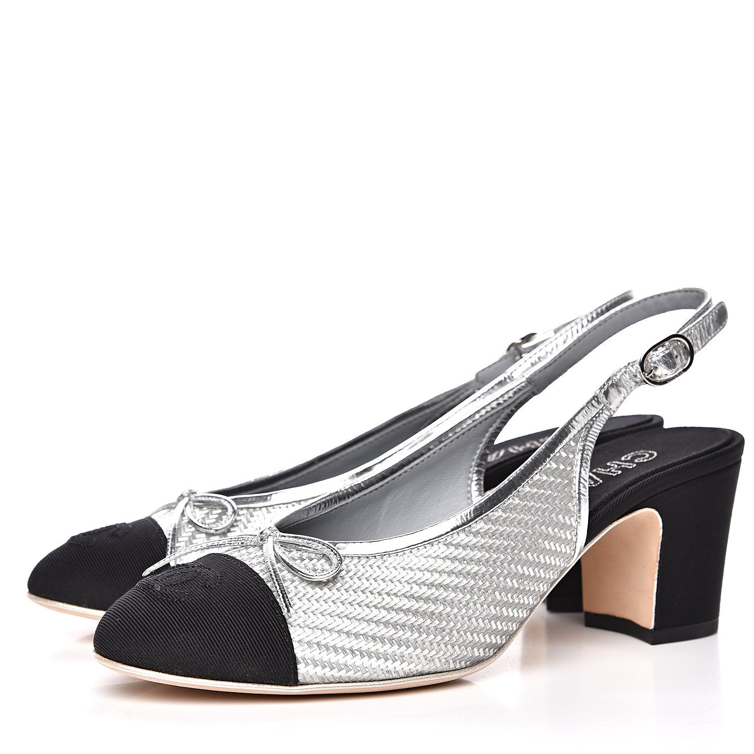 Chanel Woven Plastic Grosgrain Cap Toe CC Slingback Pumps 38 Black Silver 3 of 10