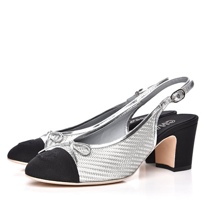 Chanel Woven Plastic Grosgrain Cap Toe CC Slingback Pumps 38 Black Silver 3 of 10