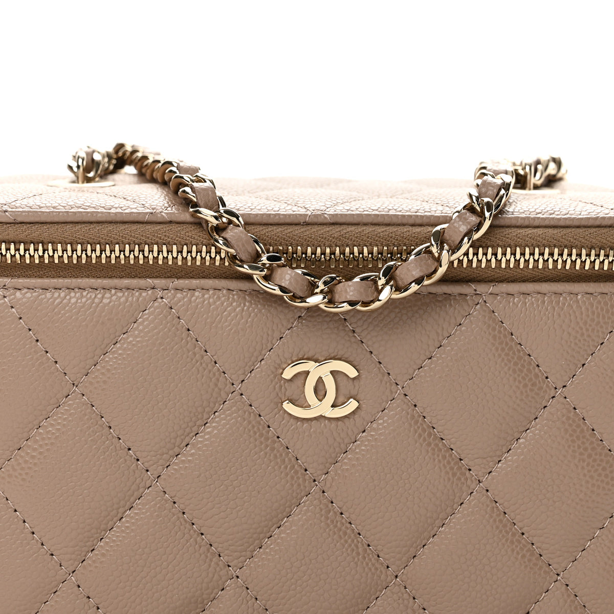 Caviar Quilted Small Vanity Case With Chain Dark Beige