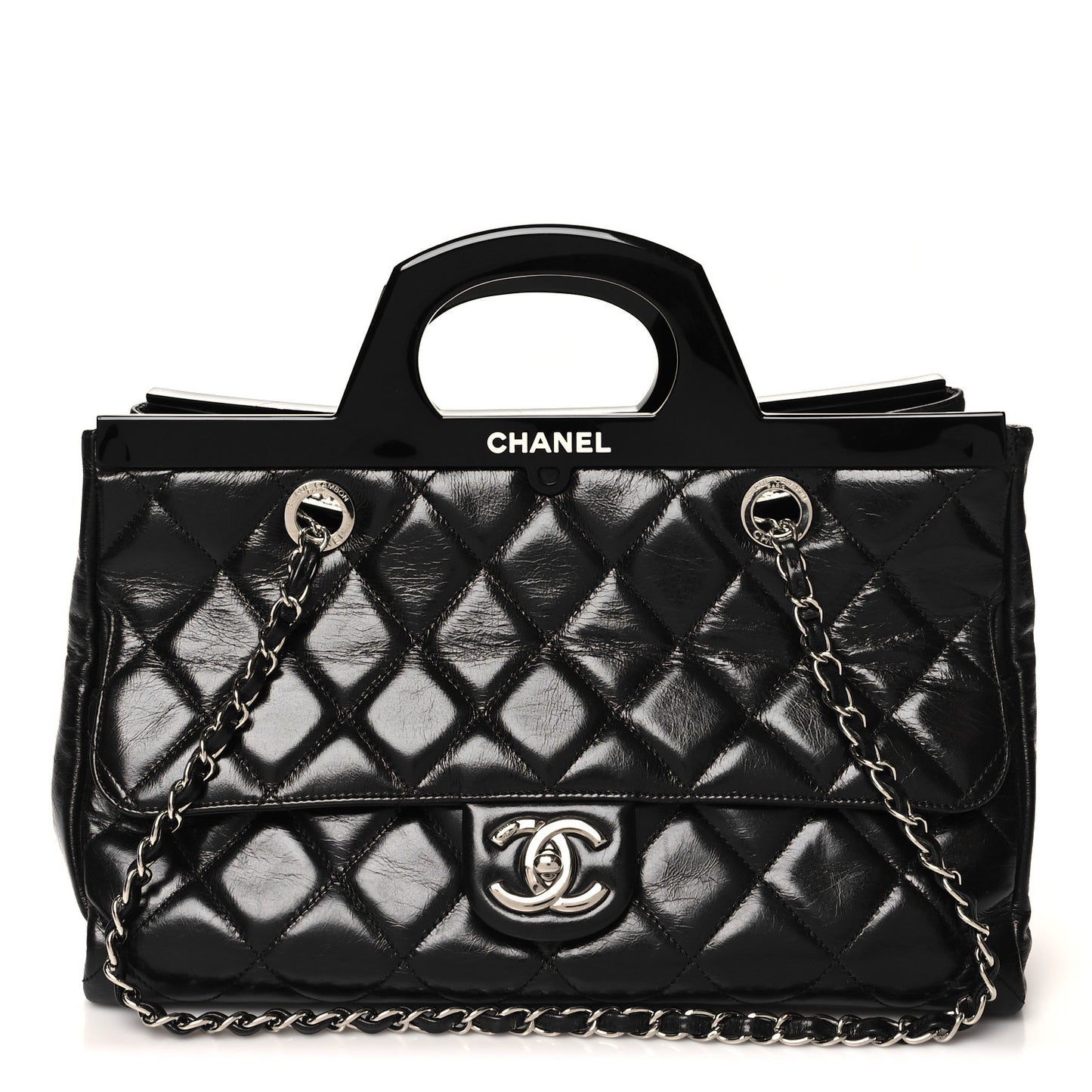 Glazed Calfskin Quilted Small CC Delivery Tote Black