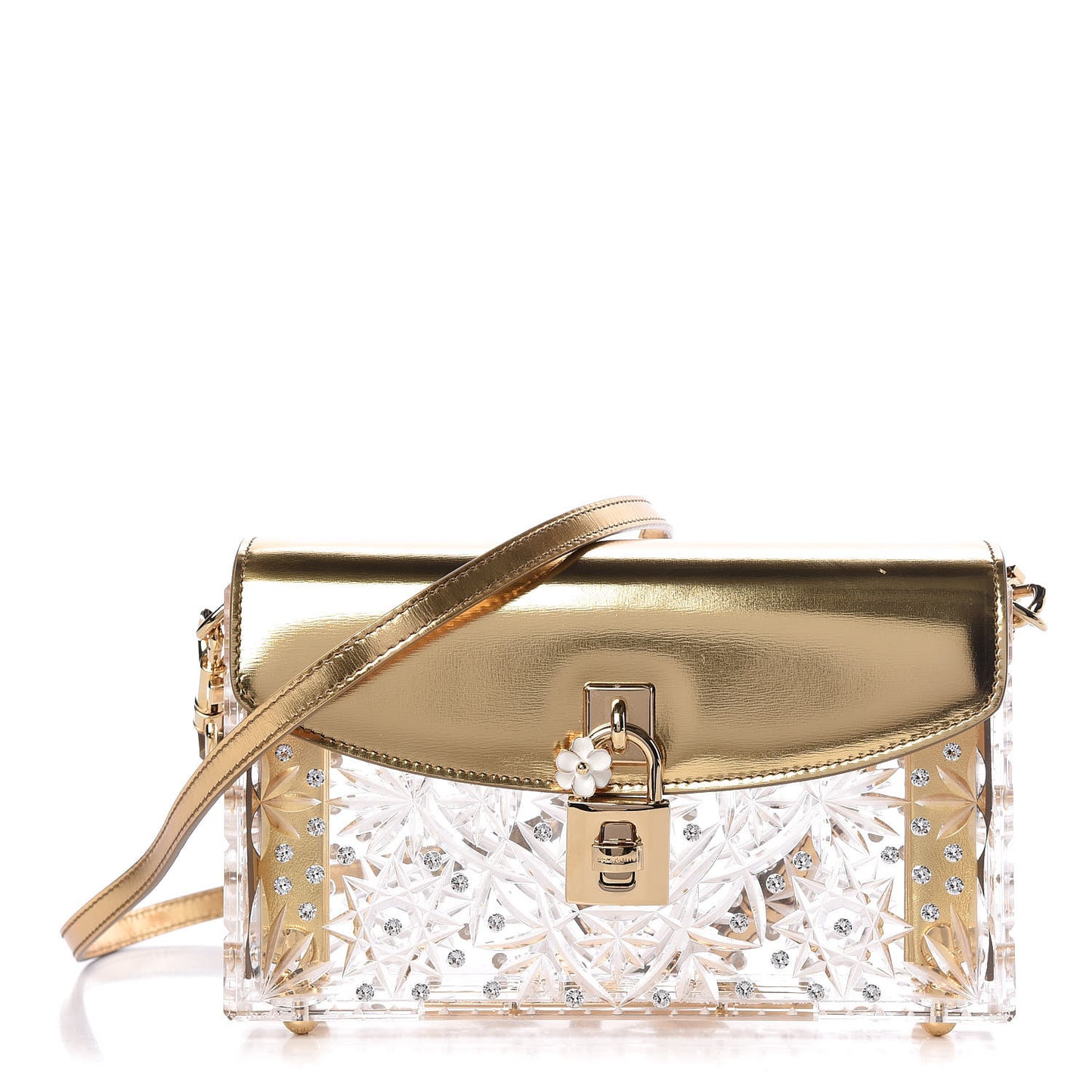 Plexiglass Crystal Embellished Dolce Box Clutch Gold