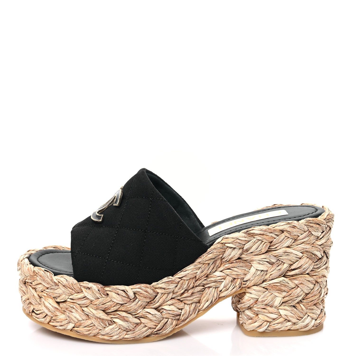 Chanel Canvas Raffia Wedge Sandals 38 Black 1 of 9