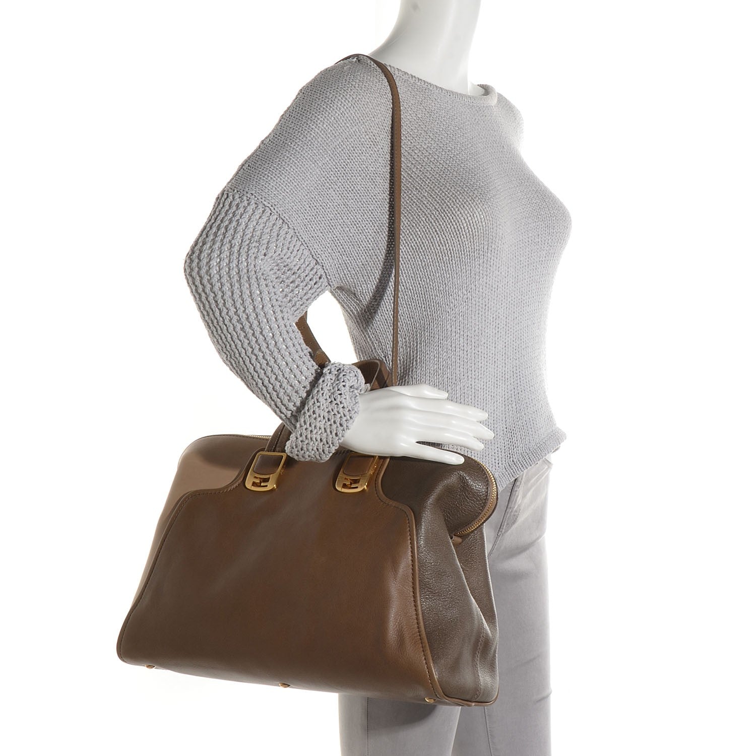 Fendi Capra Vitello Saddle Colorblock Large Chameleon Tote Grigio Pietra Fango 3 of 10