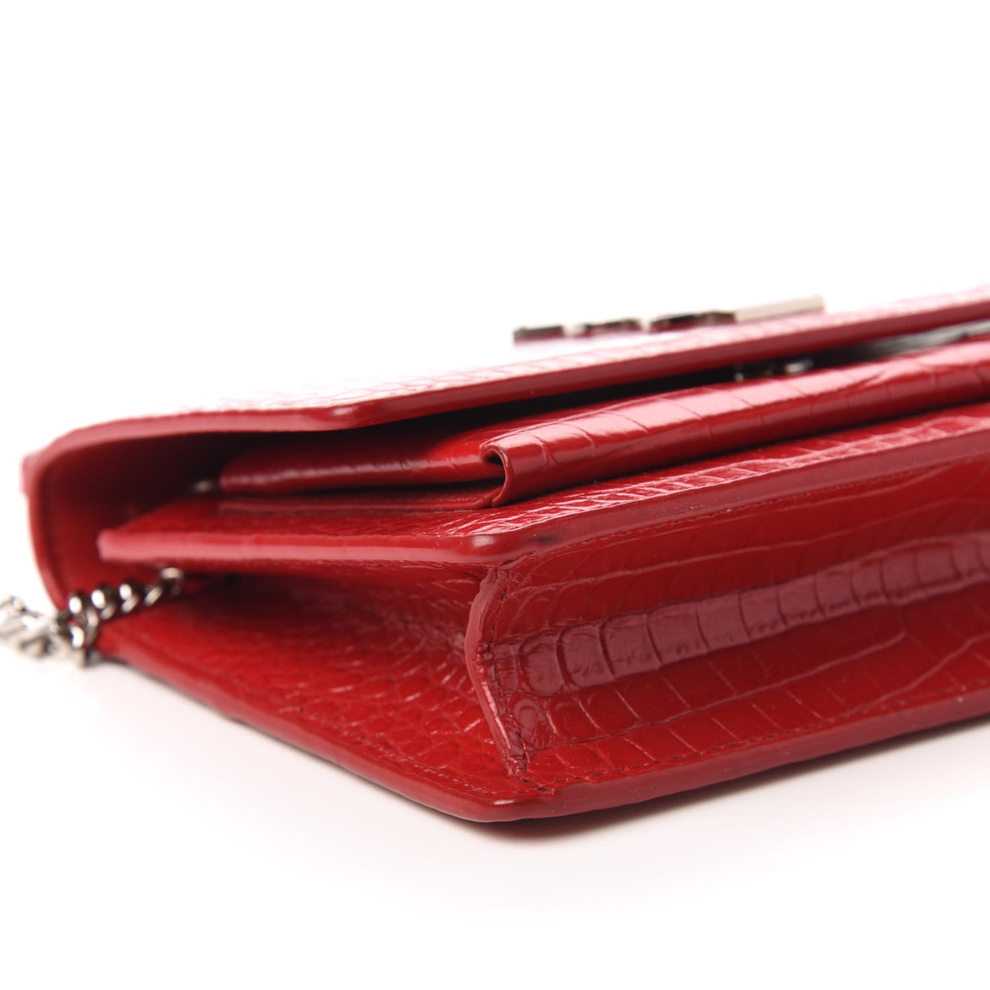 Calfskin Crocodile Embossed Monogram Sunset Chain Wallet New Lipstick Red