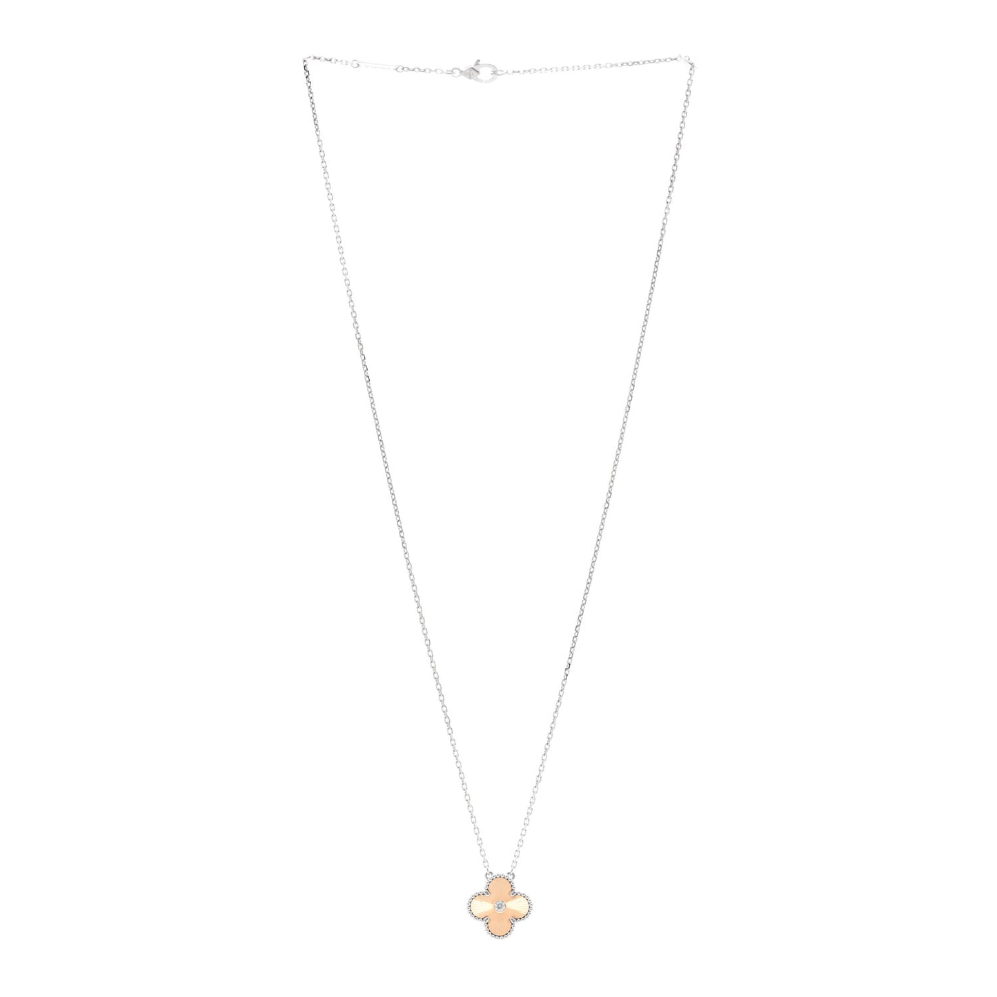 18K White Rose Gold Diamond Guilloche Vintage Alhambra Pendant Necklace