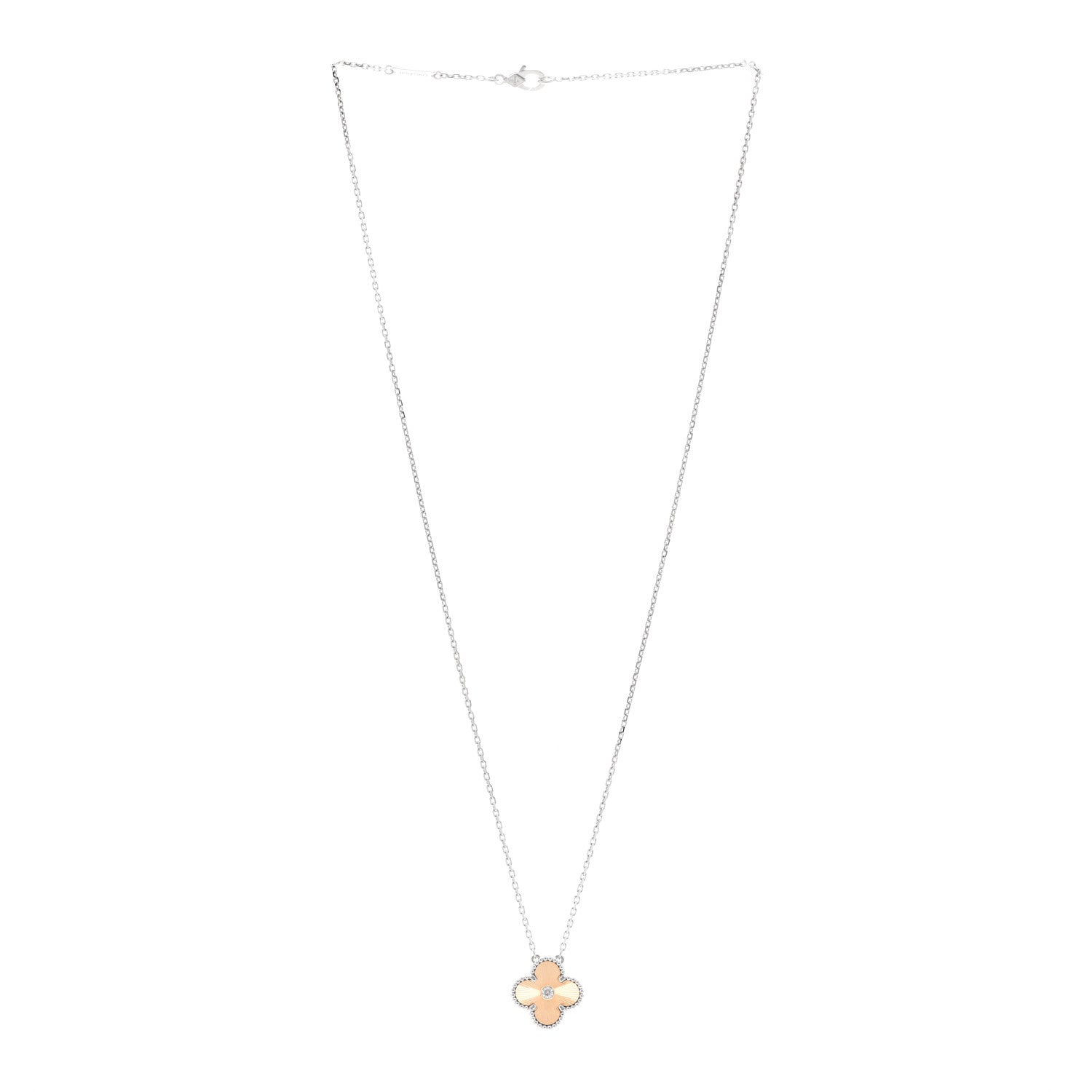 Van Cleef & Arpels 18K White Rose Gold Diamond Guilloche Vintage Alhambra Pendant Necklace 3 of 5