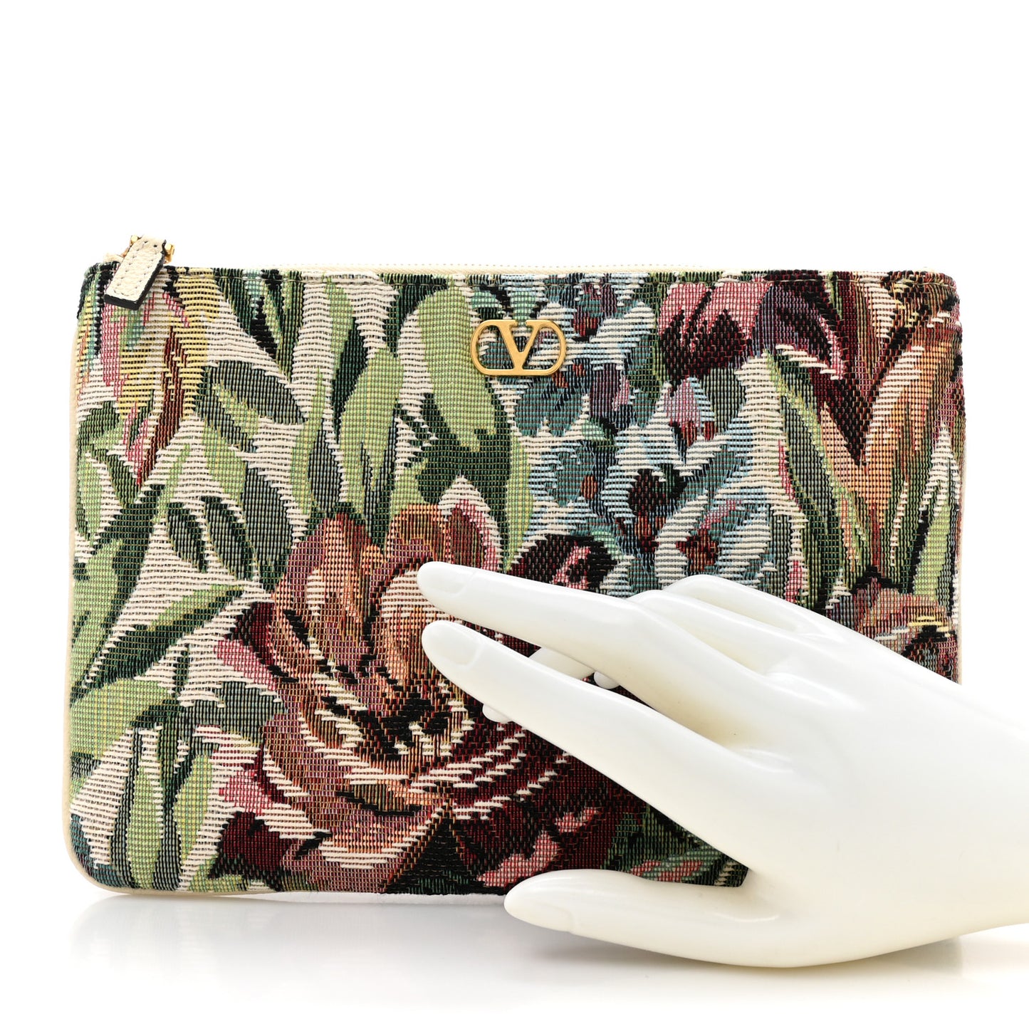 Jacquard Floral Medium Vlogo Zip Pouch White Multicolor