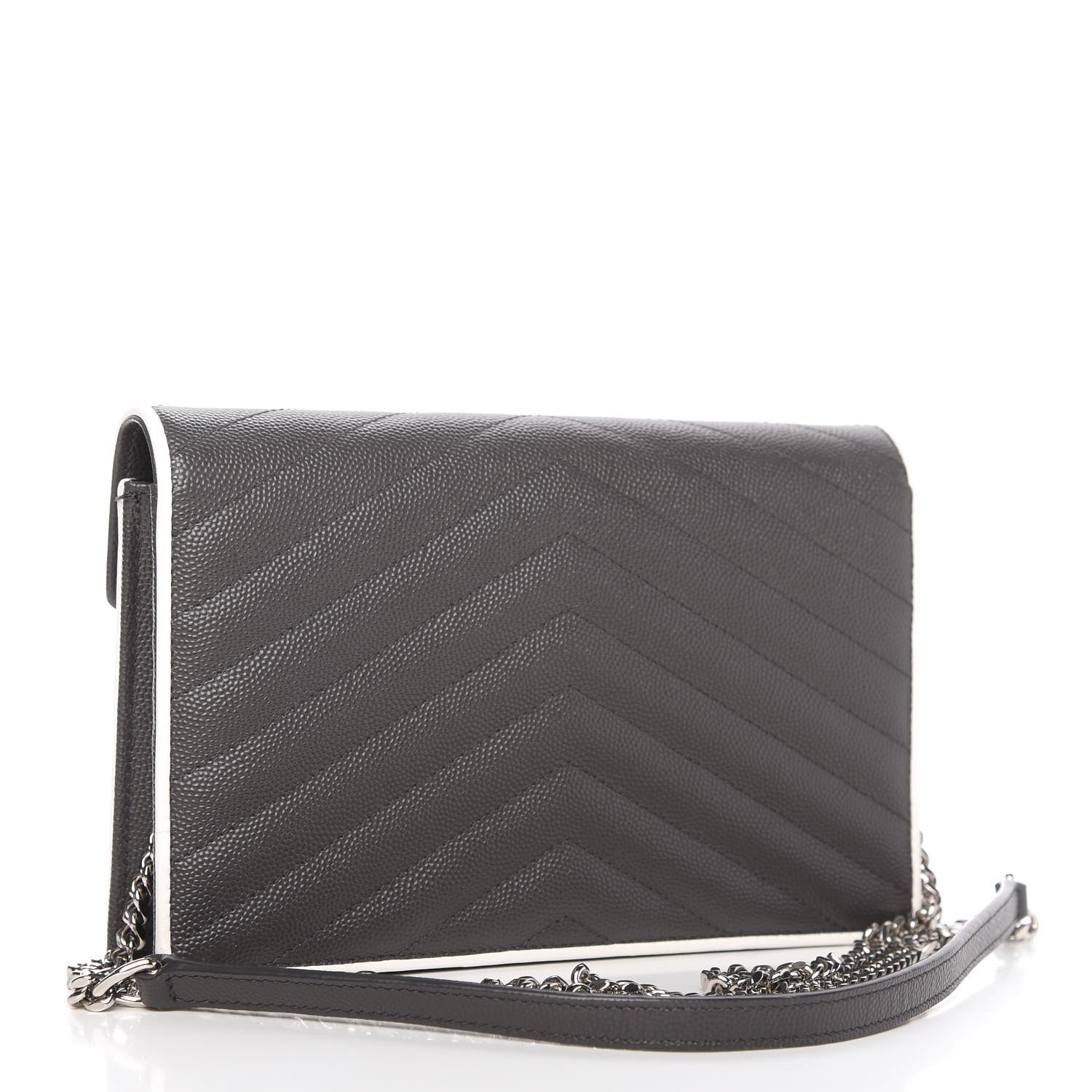 Saint Laurent Grain De Poudre Matelasse Chevron Monogram Chain Wallet Asphalt White 3 of 9