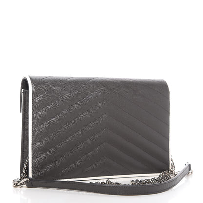 Saint Laurent Grain De Poudre Matelasse Chevron Monogram Chain Wallet Asphalt White 3 of 9