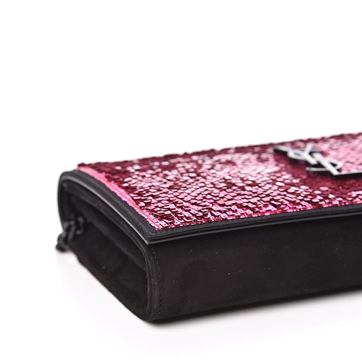 Sequin Suede Monogram Chain Wallet Fuchsia Black