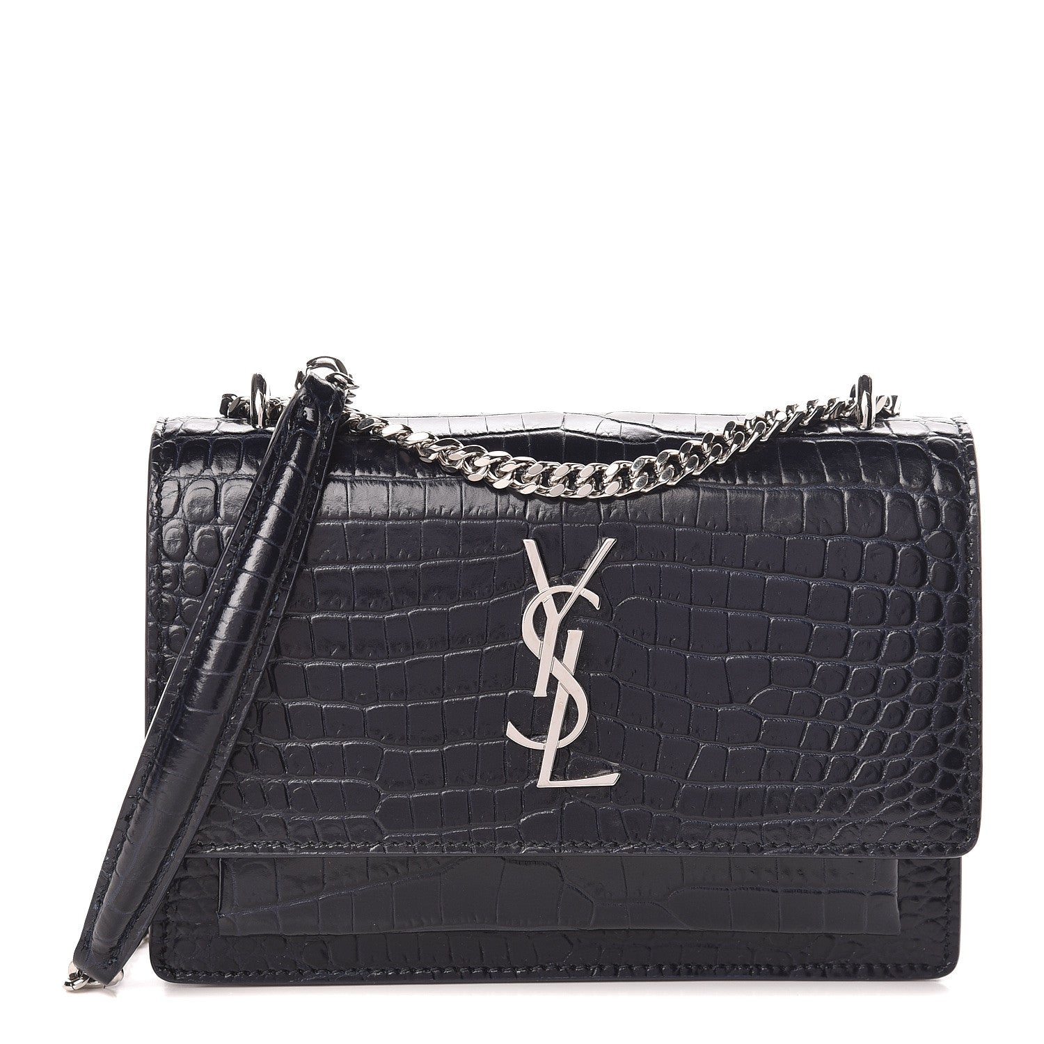 Saint Laurent Calfskin Crocodile Embossed Monogram Sunset Chain Wallet Navy 1 of 10