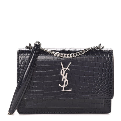 Saint Laurent Calfskin Crocodile Embossed Monogram Sunset Chain Wallet Navy 1 of 10