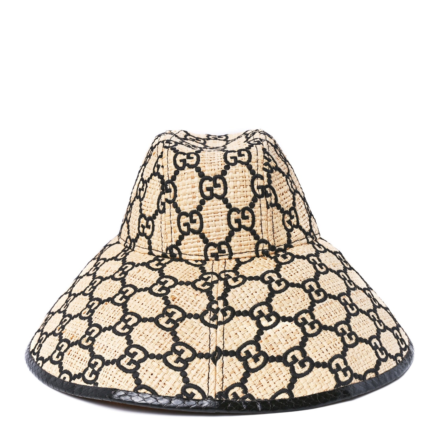 Raffia Elaphe GG Monogram Embroidered Wide Brim Hat Small Ivory Black