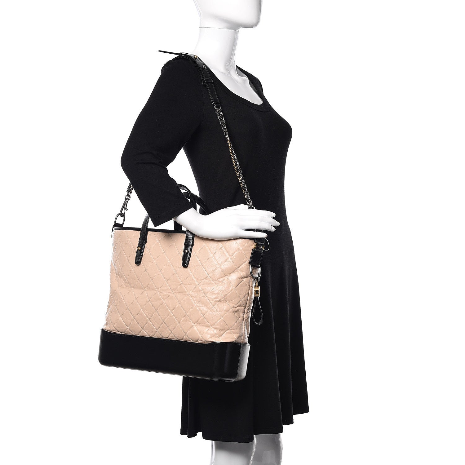 Chanel Aged Calfskin Quilted Large Gabrielle Shopping Tote Beige Black 2 of 10