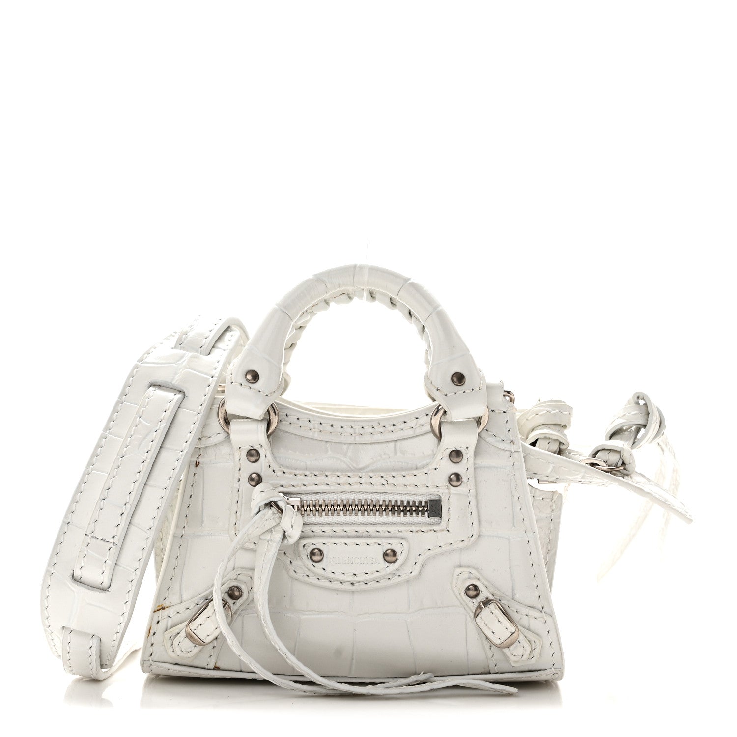 Balenciaga Extra Supple Calfskin Crocodile Embossed Neo Classic Silver Hardware Super Nano City Crossbody  White 1 of 10