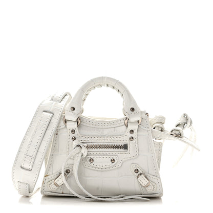 Balenciaga Extra Supple Calfskin Crocodile Embossed Neo Classic Silver Hardware Super Nano City Crossbody  White 1 of 10