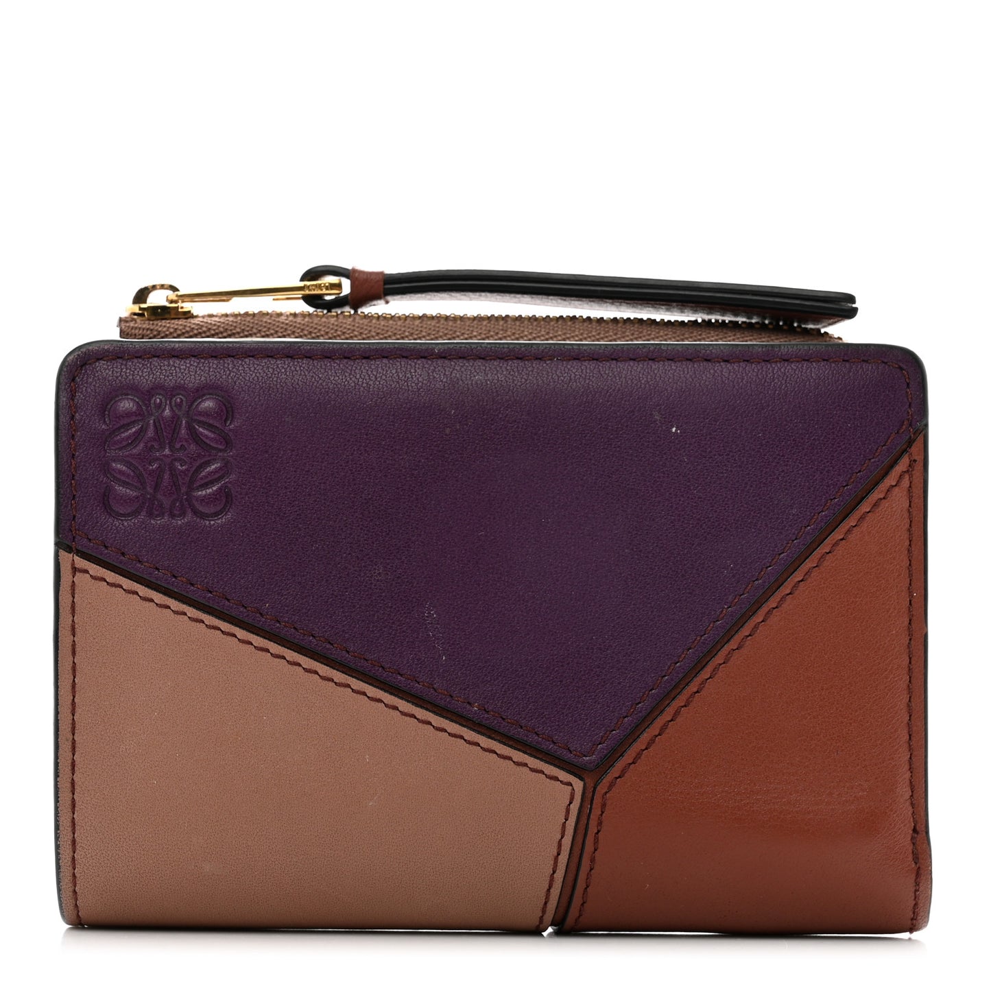Calfskin Puzzle Zip Bi-Fold Wallet Dark Blush Dark Rust