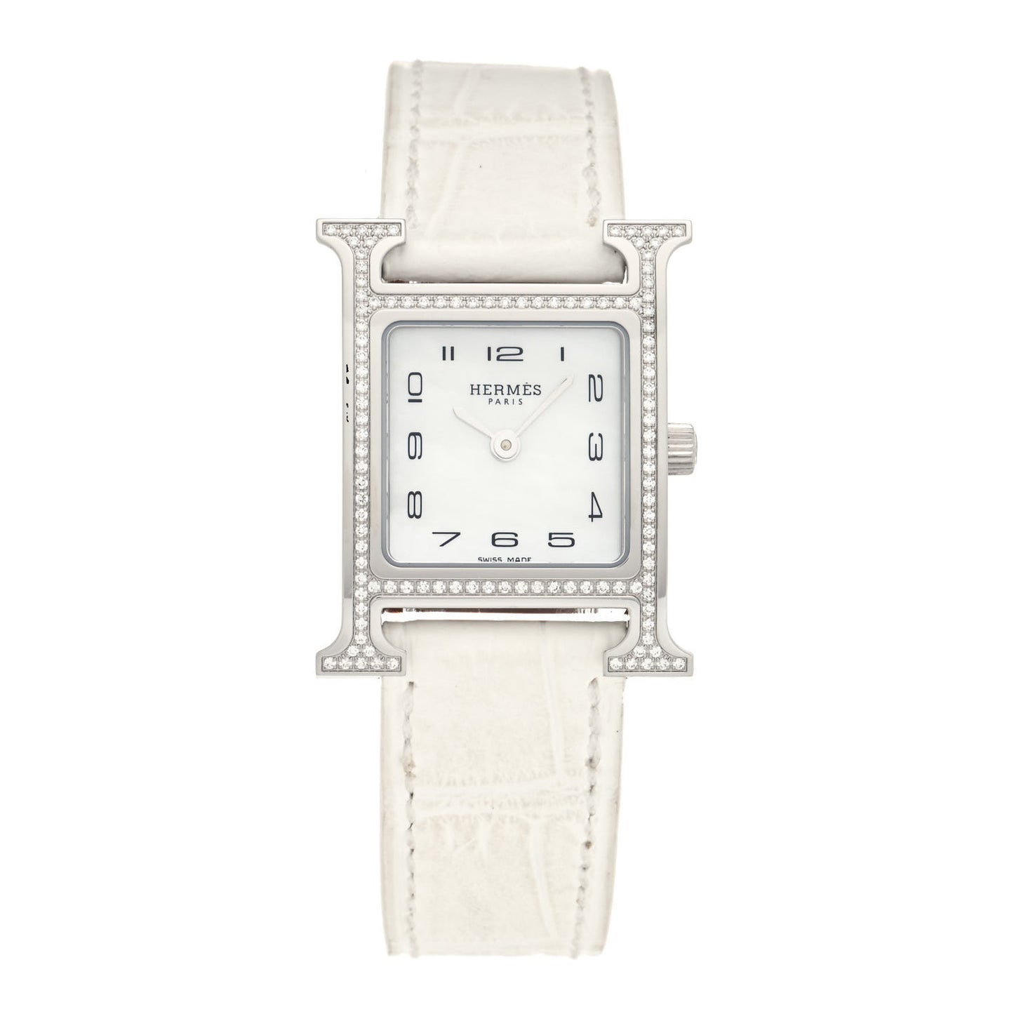 Stainless Steel Alligator Diamond Bezel Mother of Pearl 21mm Heure H Hour Quartz Watch Blanc