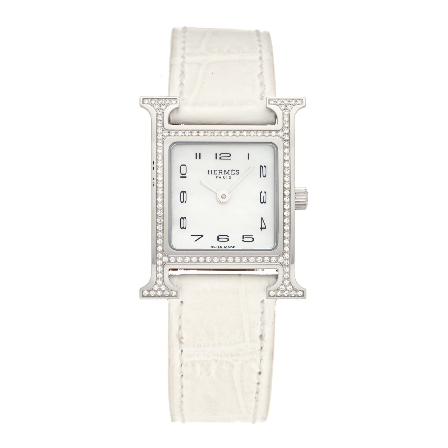Hermes Stainless Steel Alligator Diamond Bezel Mother of Pearl 21mm Heure H Hour Quartz Watch Blanc 1 of 5