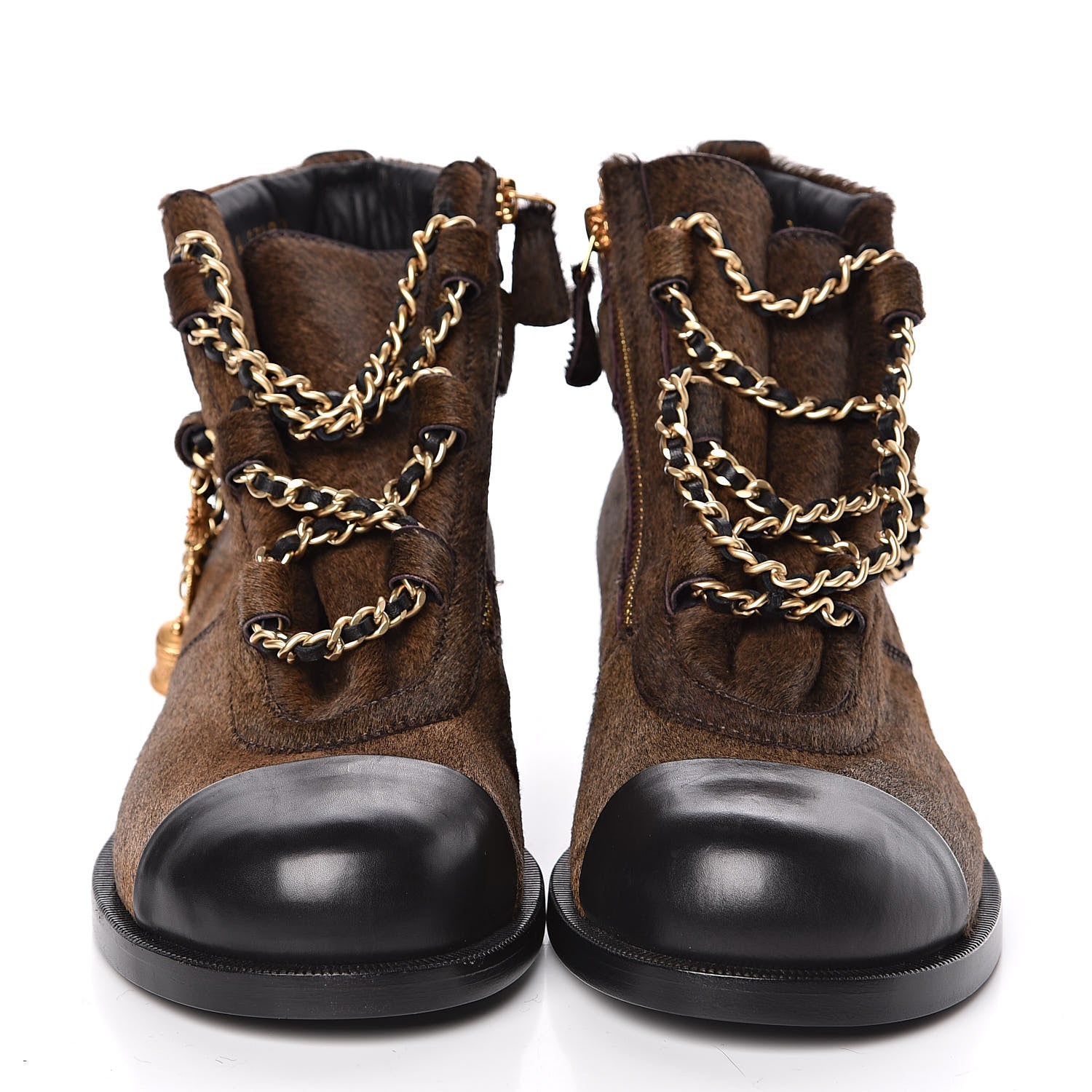 Chanel Calfskin Pony Hair CC Charm Chain Cap Toe Short Boots 37 Brown Black 2 of 8