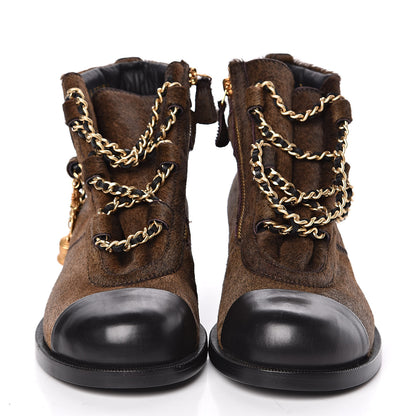 Chanel Calfskin Pony Hair CC Charm Chain Cap Toe Short Boots 37 Brown Black 2 of 8