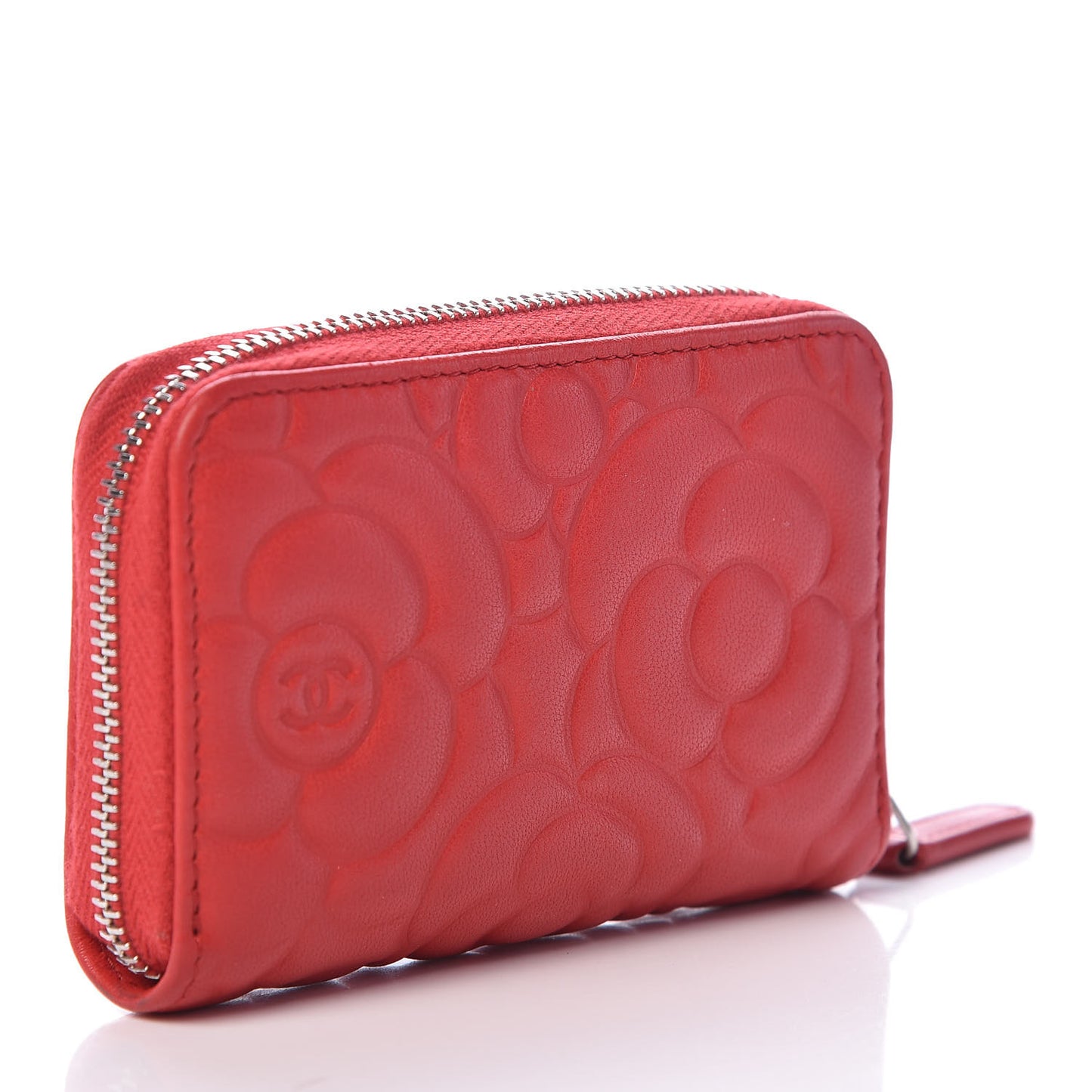 Lambskin Camellia Embossed Zip Coin Purse Red