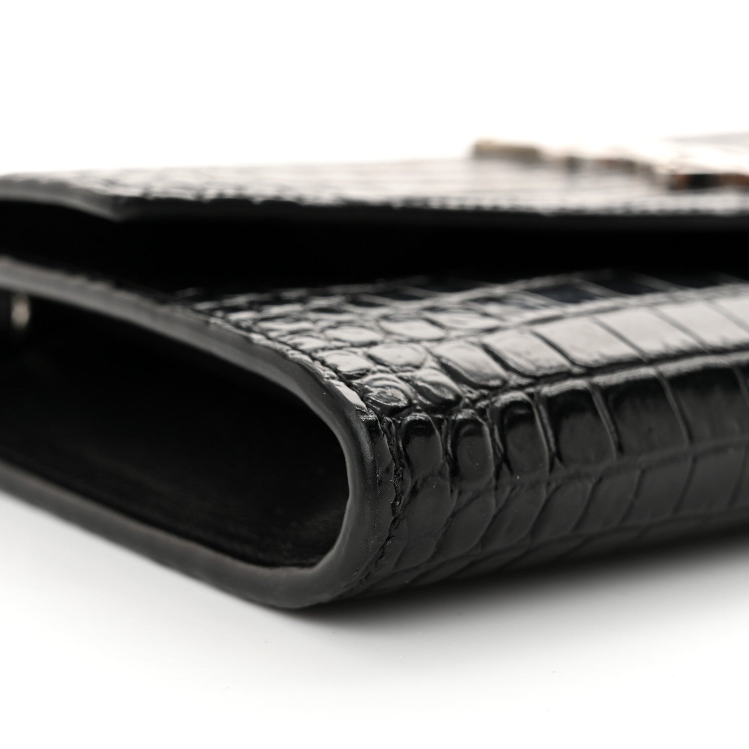 Saint Laurent Calfskin Crocodile Embossed Monogram Uptown Chain Wallet Black 9 of 11
