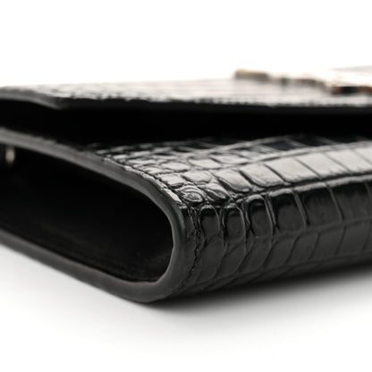Saint Laurent Calfskin Crocodile Embossed Monogram Uptown Chain Wallet Black 9 of 11