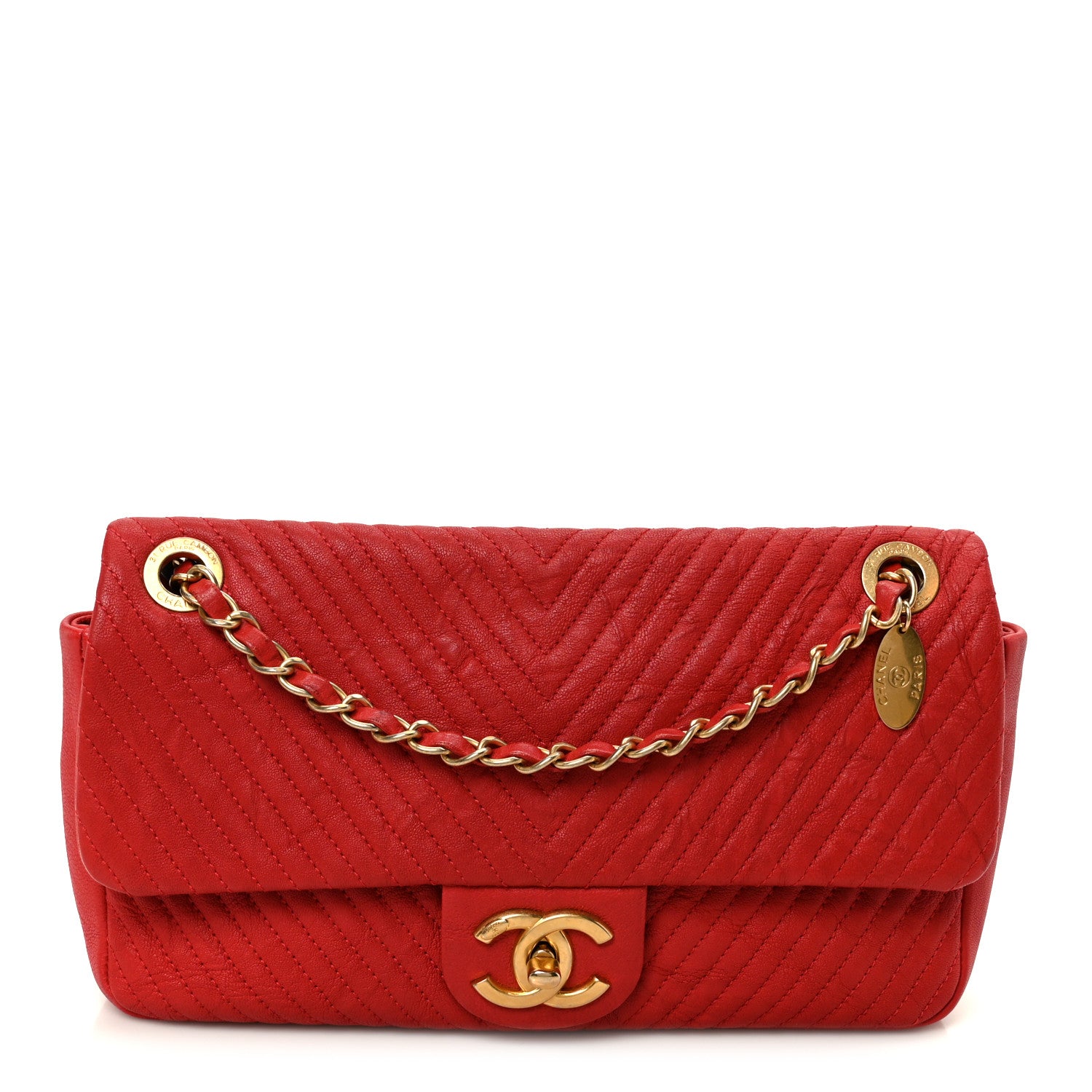 Chanel Wrinkled Lambskin Chevron Quilted Medium Flap Red 1 of 12