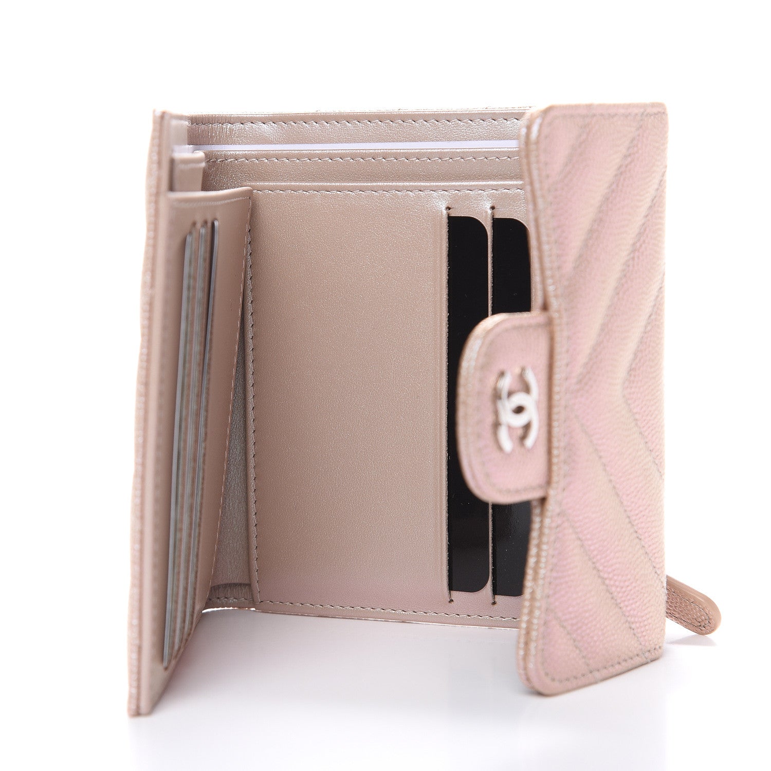 Chanel Metallic Caviar Chevron Quilted Compact Flap Wallet Light Gold 5 of 9
