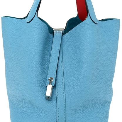 Hermes Taurillon Clemence Swift Eclat Picotin Lock 22 MM Bleu du Nord Rouge de Coeur 8 of 10