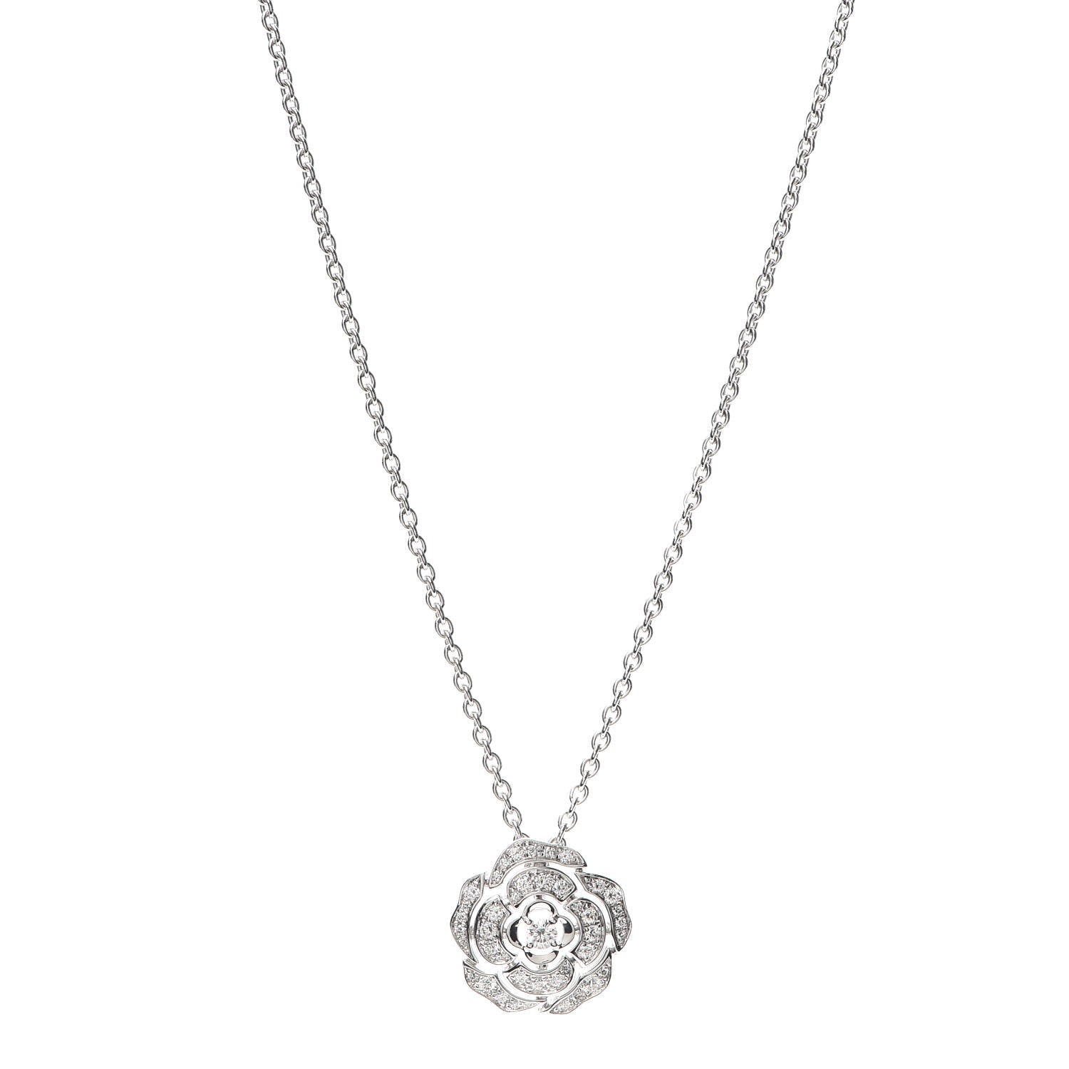 Chanel 18K White Gold Diamond Bouton de Camelia Pendant Necklace 1 of 6
