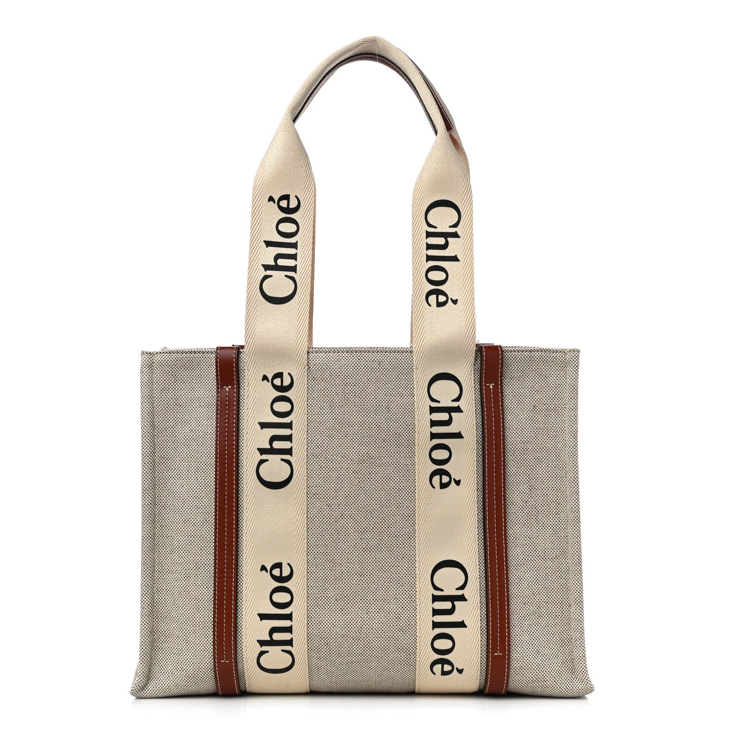 Chloe Cotton Calfskin Medium Woody Ribbon Tote White Brown 1 of 12