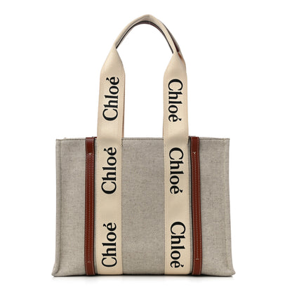 Chloe Cotton Calfskin Medium Woody Ribbon Tote White Brown 1 of 12