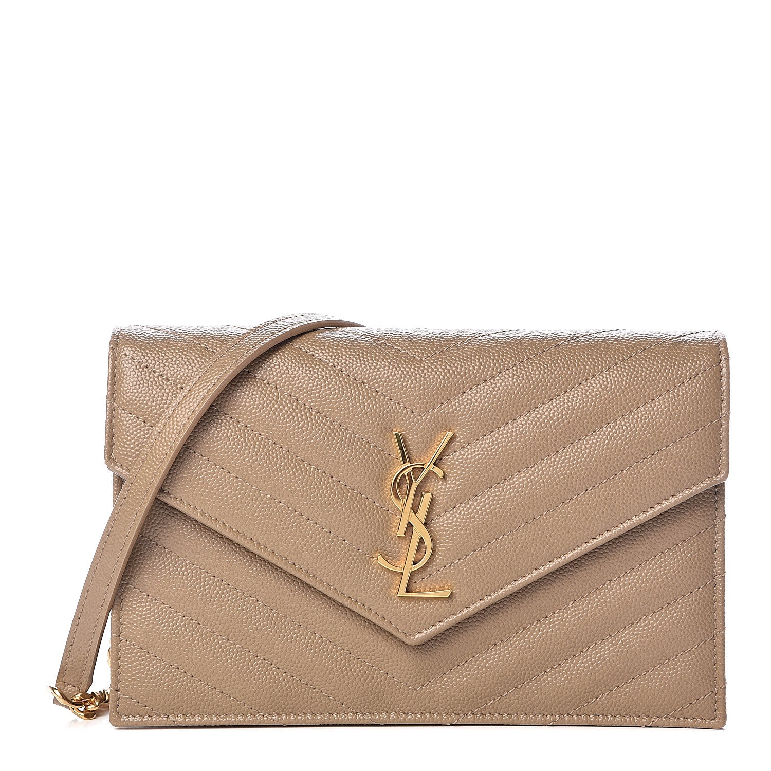 Saint Laurent Grain De Poudre Matelasse Chevron Monogram Envelope Chain Wallet Dark Latte 1 of 10