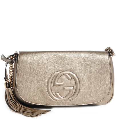 Gucci Metallic Pebbled Calfskin Medium Soho Flap Crossbody Golden Beige 1 of 9