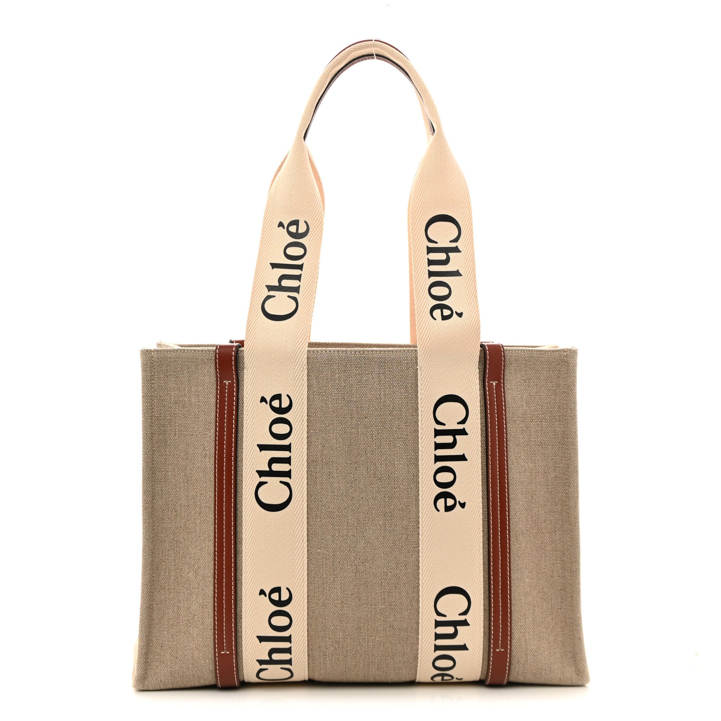 Linen Calfskin Medium Woody Ribbon Tote White Brown