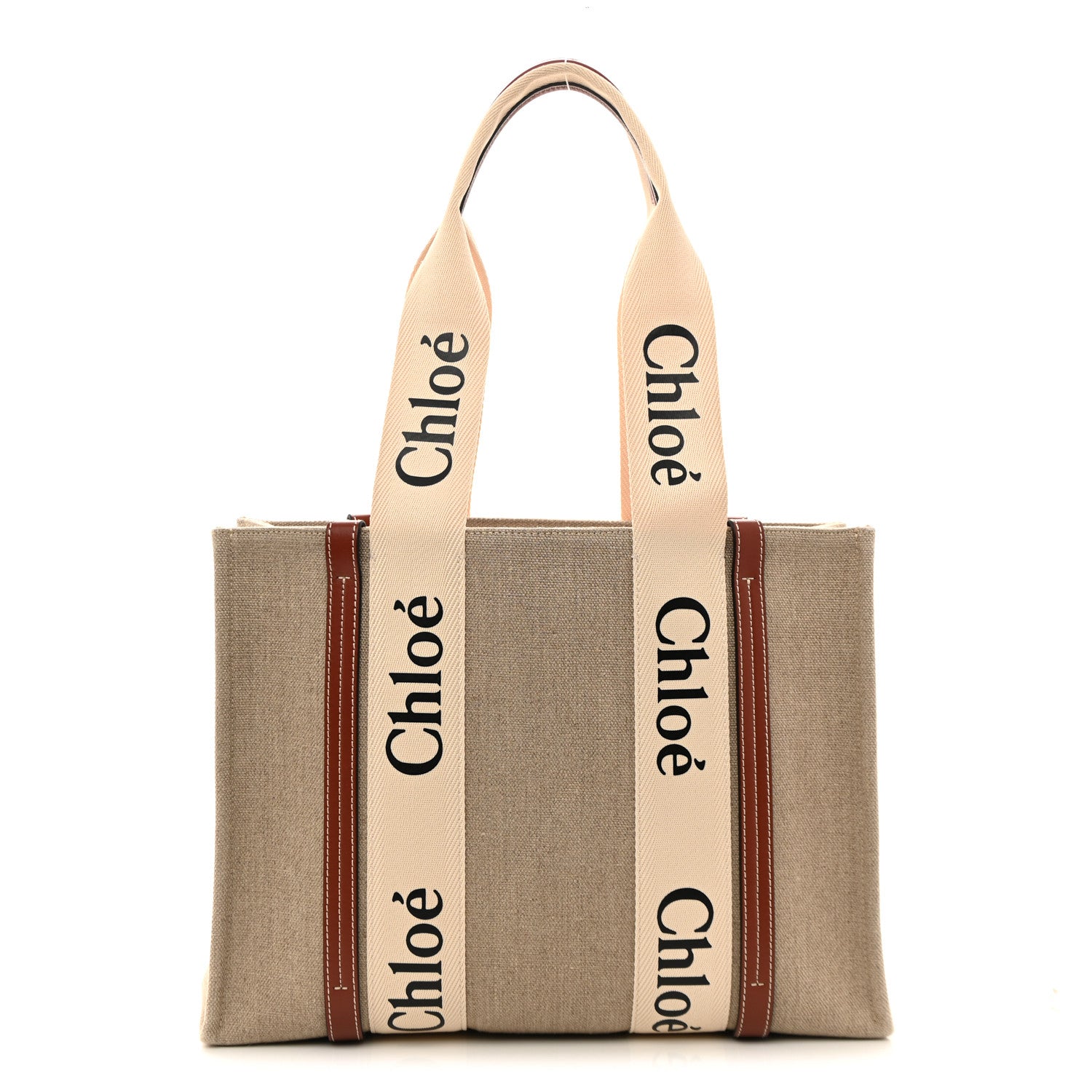 Chloe Linen Calfskin Medium Woody Ribbon Tote White Brown 1 of 14