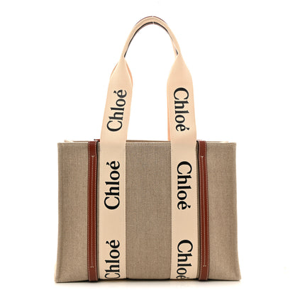 Chloe Linen Calfskin Medium Woody Ribbon Tote White Brown 1 of 14